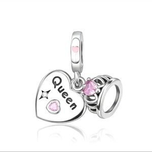 925 Sterling Silver Crown & Heart Queen Charm For Pandora Bracelets & The Like
